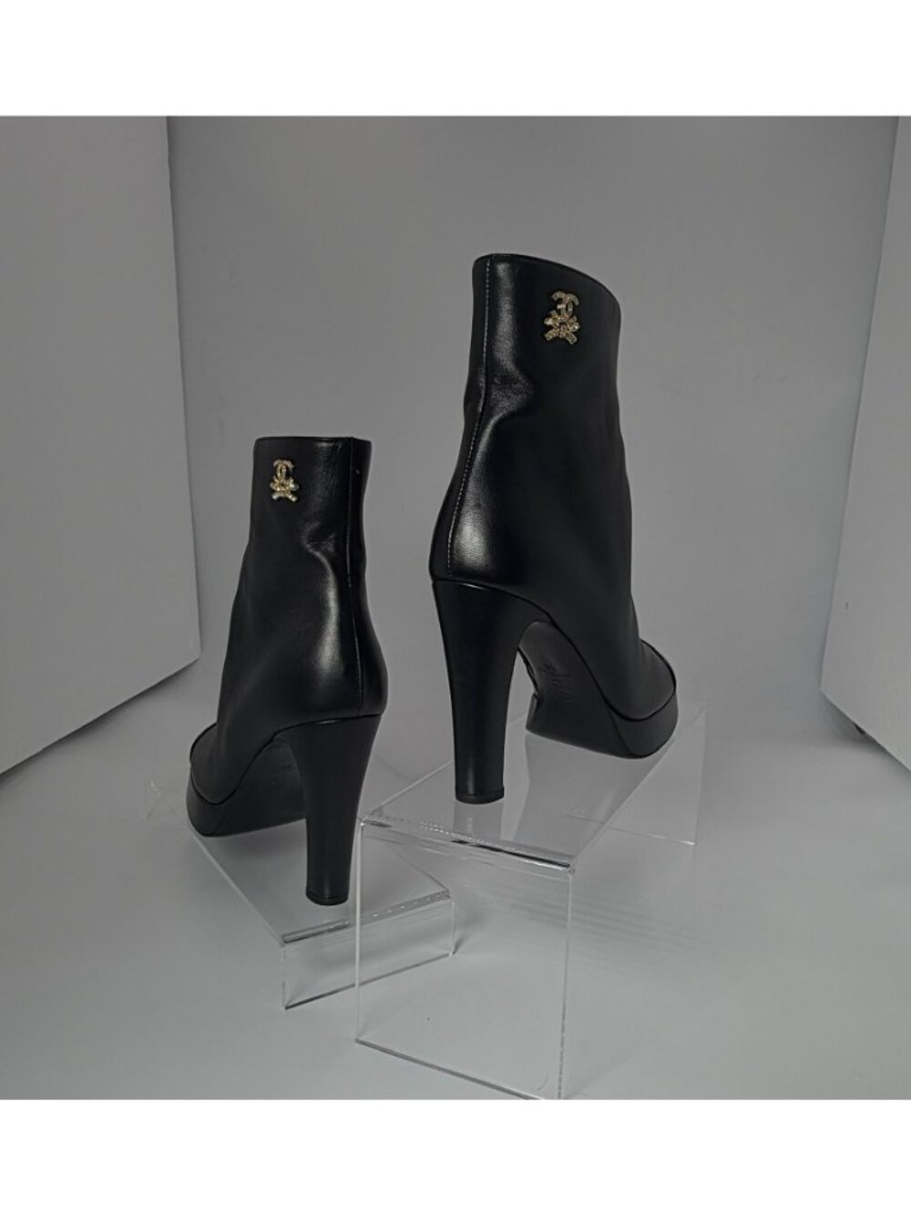 Chanel Black Leather Platform Short Ankle Boots with Crystal CC Logo Charm - Siz